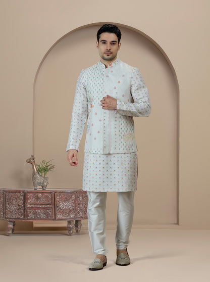 Off White Printed Kurta Pajama with Koti | TULA