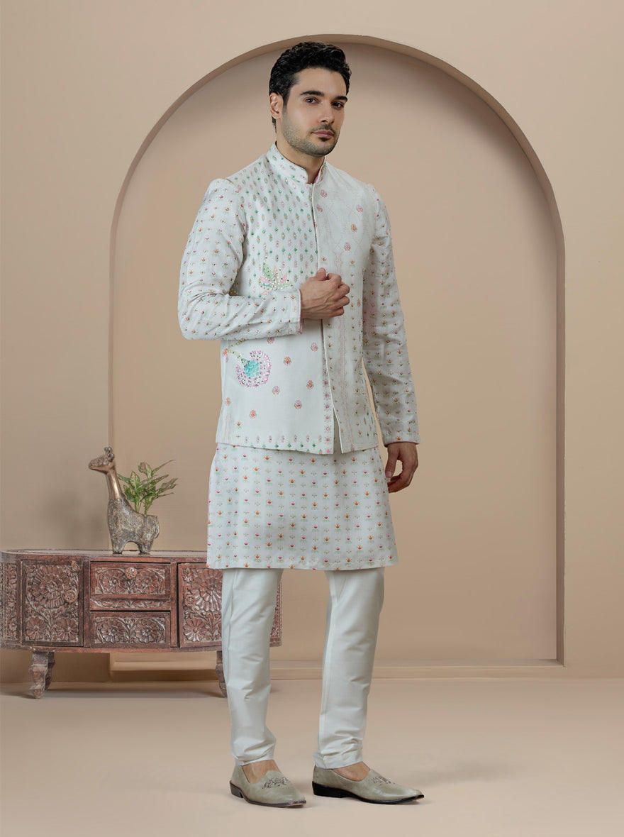 Off White Printed Kurta Pajama with Koti | TULA