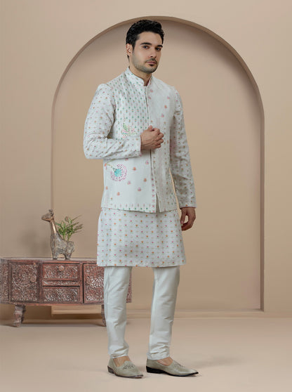 Off White Printed Kurta Pajama with Koti | TULA