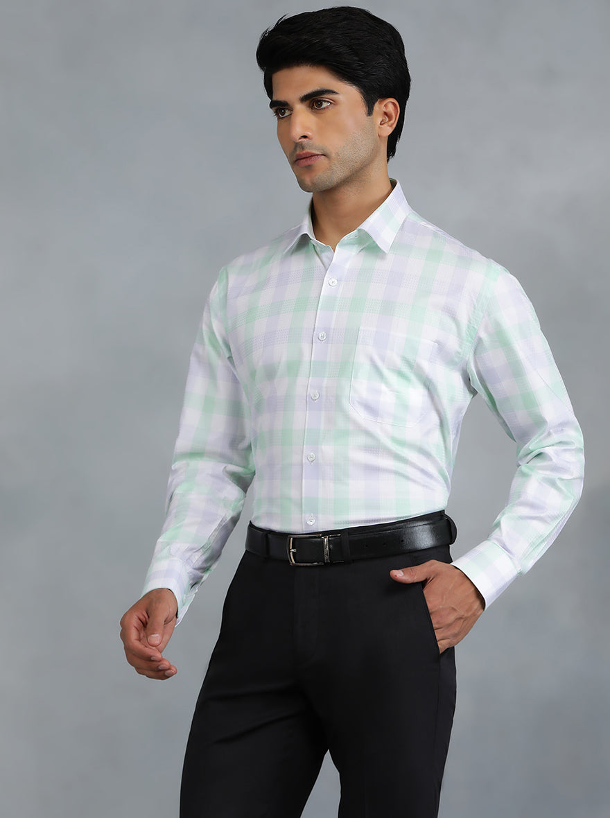 Light Green Checked Regular Fit Formal Shirt | JadeBlue