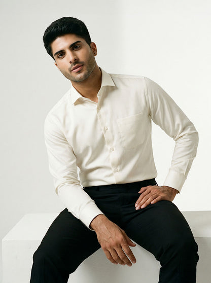 Off White Solid Slim Fit Formal Shirt | Metal