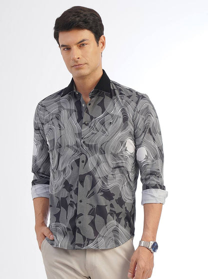 Black Printed Slim Fit Party Wear Shirt | JB Studio