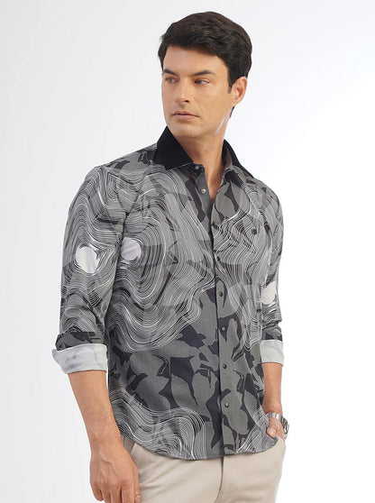 Black Printed Slim Fit Party Wear Shirt | JB Studio
