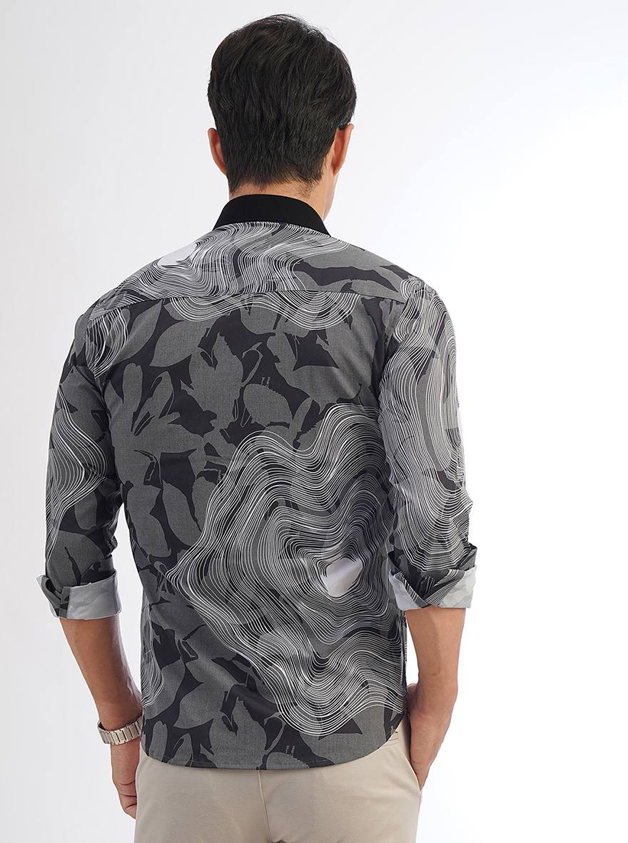 Black Printed Slim Fit Party Wear Shirt | JB Studio