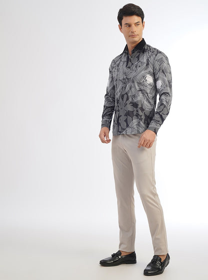 Black Printed Slim Fit Party Wear Shirt | JB Studio