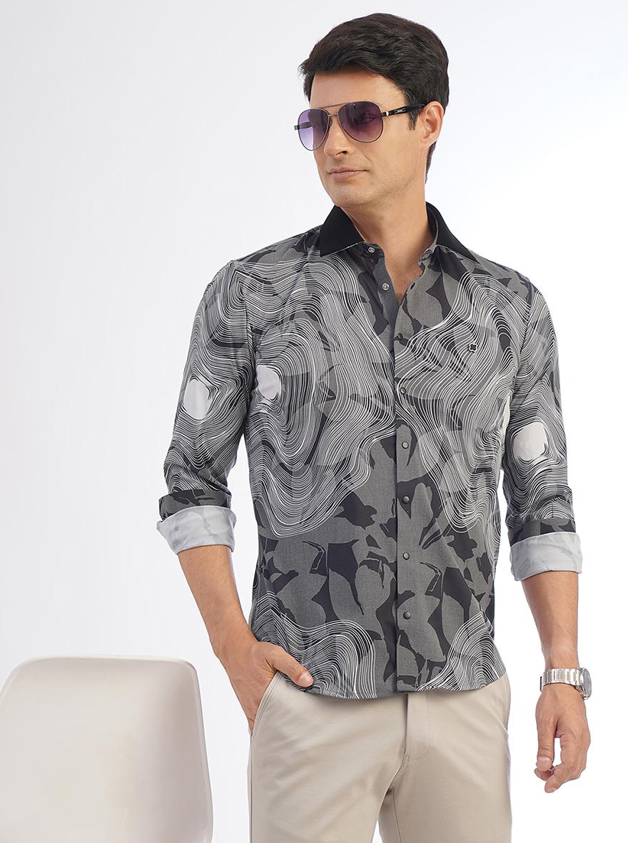 Black Printed Slim Fit Party Wear Shirt | JB Studio