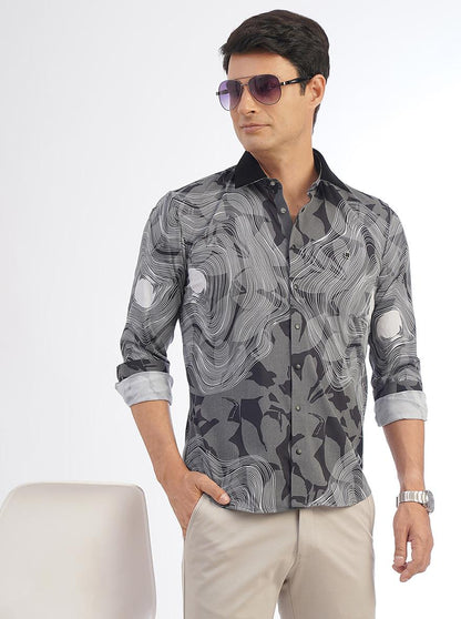 Black Printed Slim Fit Party Wear Shirt | JB Studio