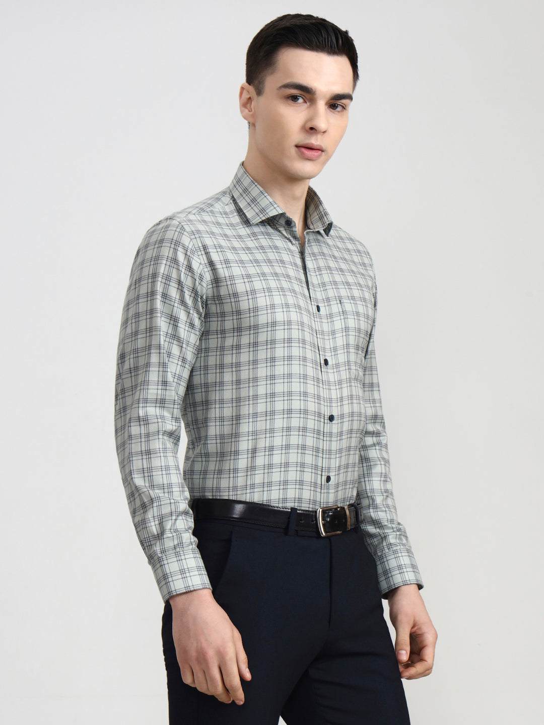 Pista Grey Checked Slim Fit Formal Shirt | Greenfibre