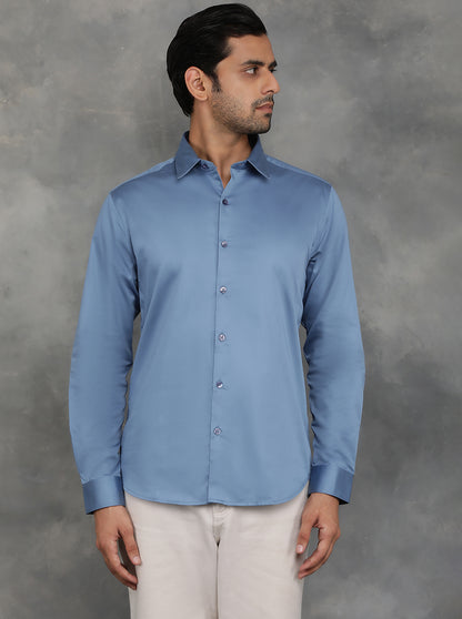 Blue Solid Slim Fit Casual Shirt | GreenFibre