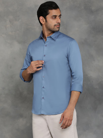 Blue Solid Slim Fit Casual Shirt | GreenFibre