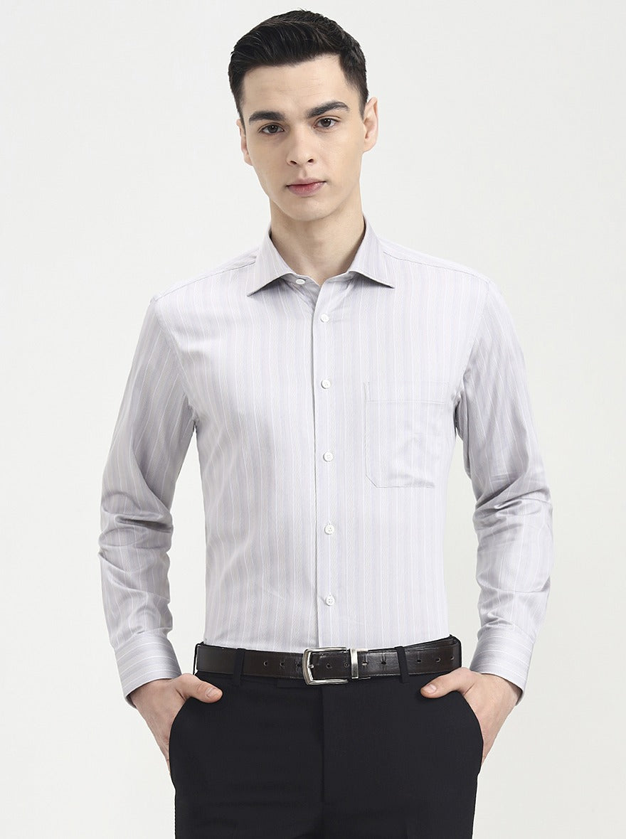 Grey Striped Slim Fit Formal Shirt | JadeBlue Super Luxe