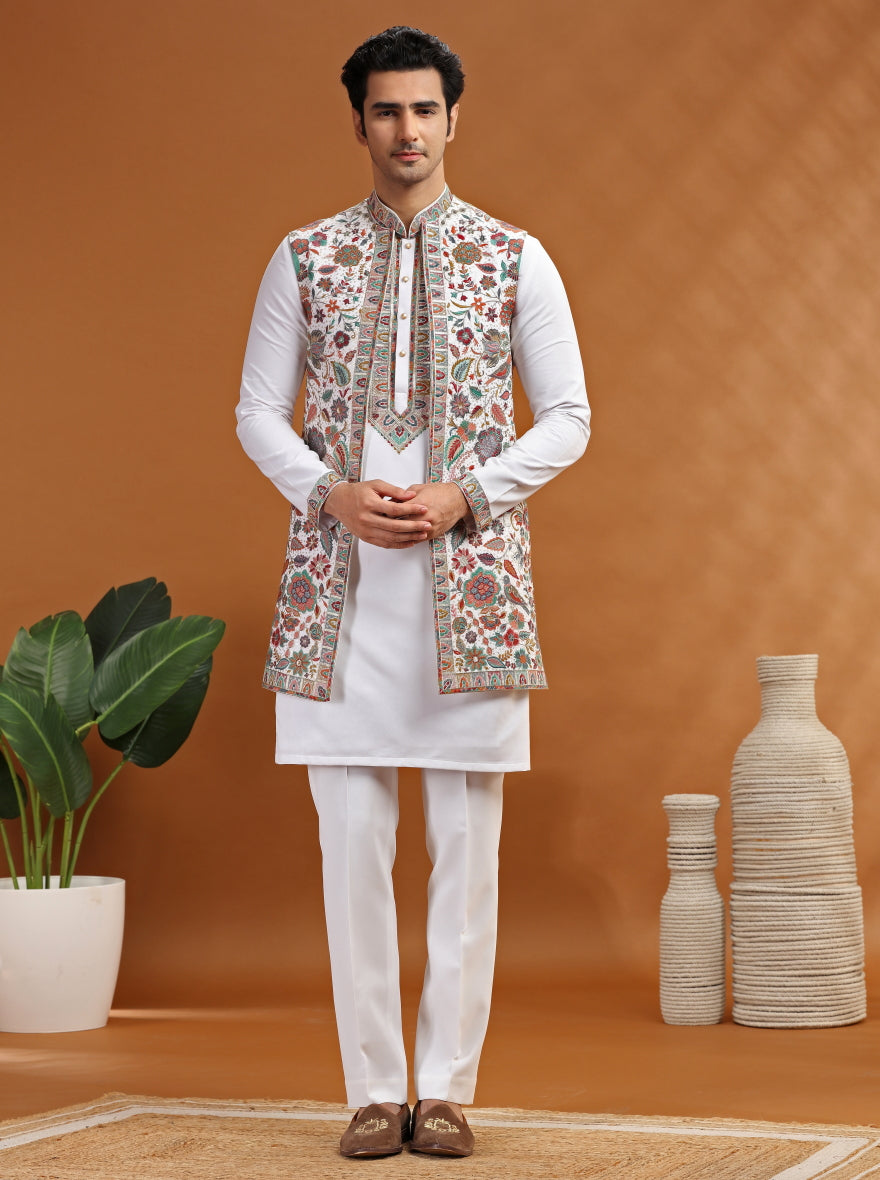 Cream Embroidered Kurta Pajama with Koti | TULA