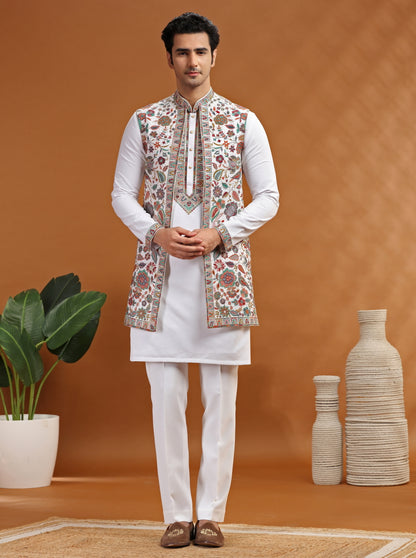 Cream Embroidered Kurta Pajama with Koti | TULA