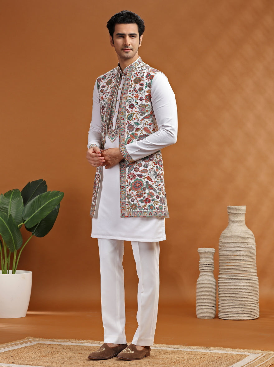 Cream Embroidered Kurta Pajama with Koti | TULA