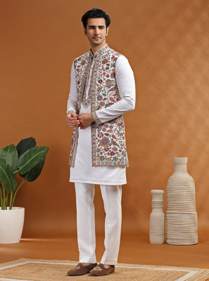 Cream Embroidered Kurta Pajama with Koti | TULA