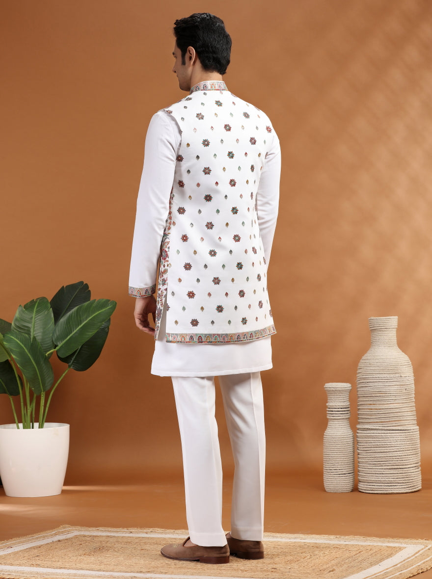 Cream Embroidered Kurta Pajama with Koti | TULA