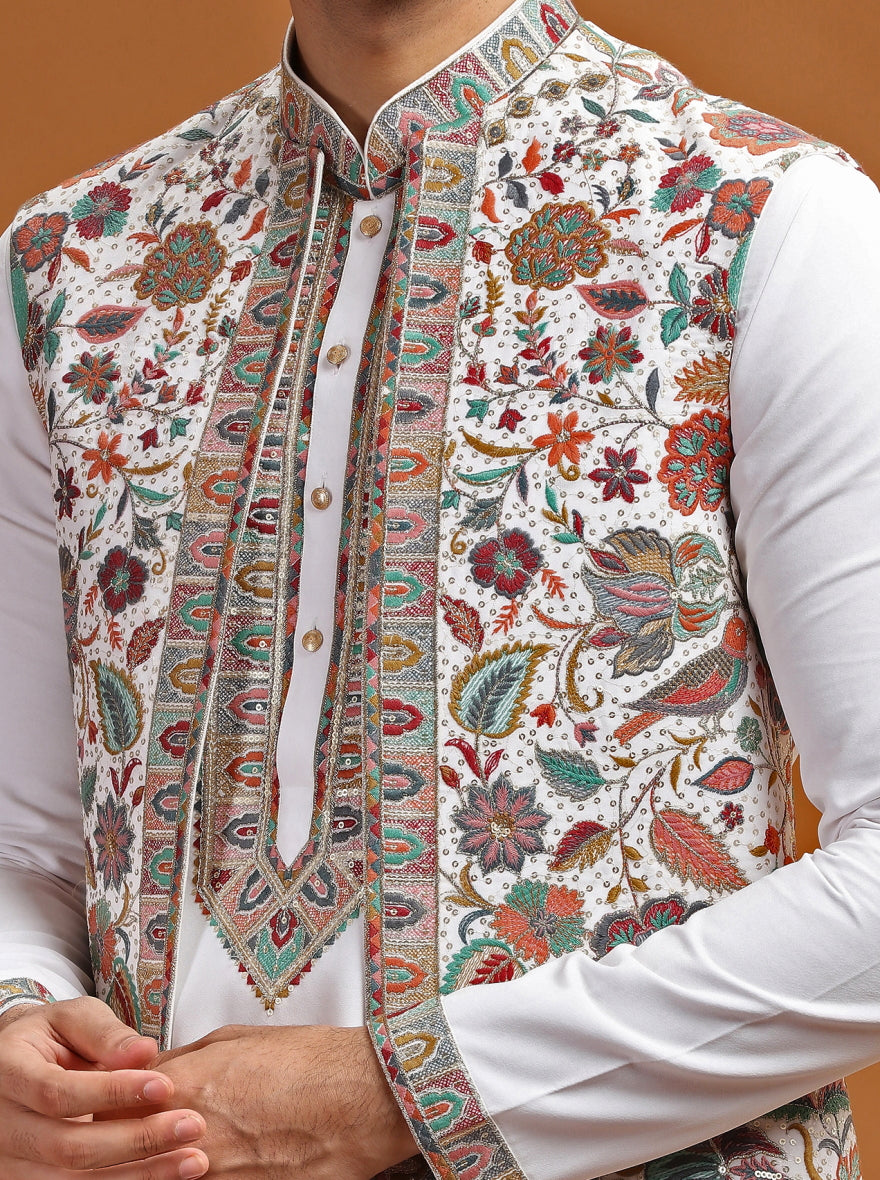 Cream Embroidered Kurta Pajama with Koti | TULA