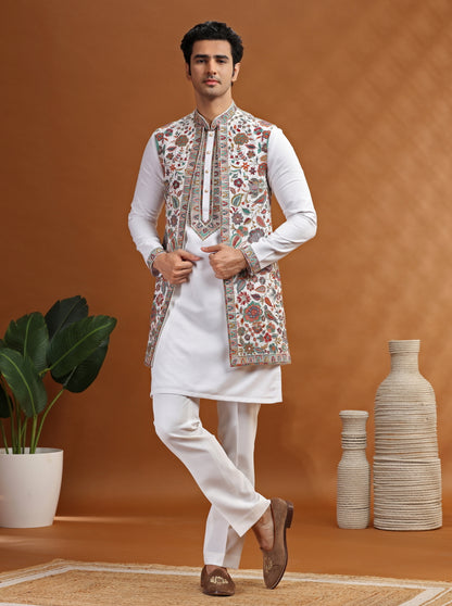 Cream Embroidered Kurta Pajama with Koti | TULA