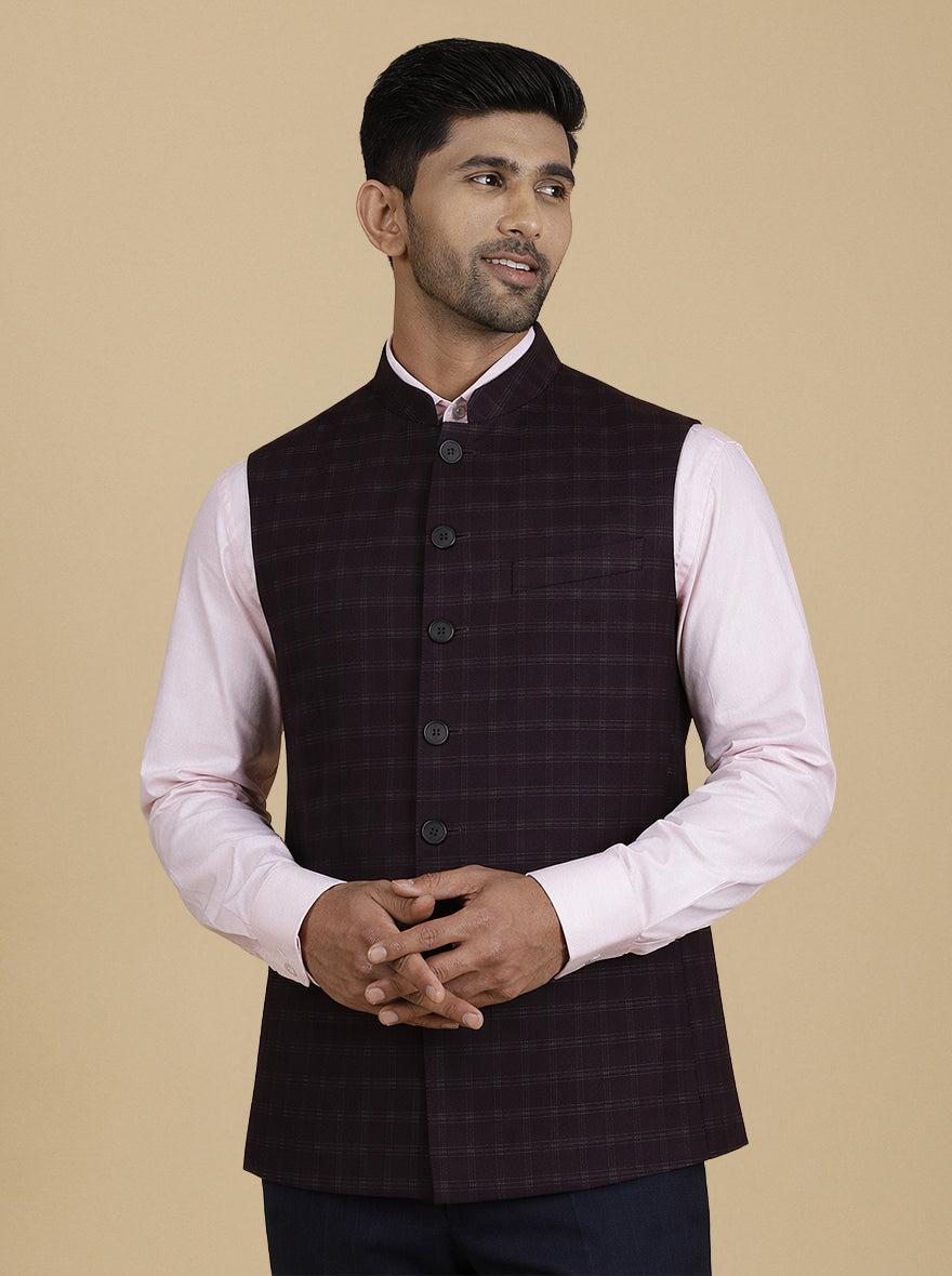 Wine Checked Regular Fit Modi Jacket | JadeBlue