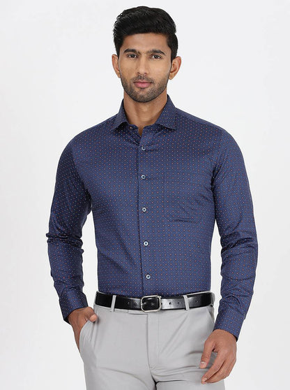Navy Blue Printed Slim Fit Formal Shirt | Metal
