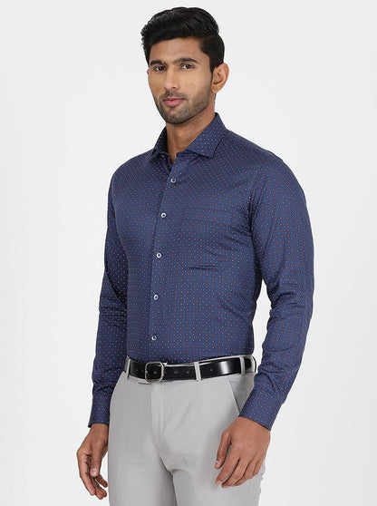 Navy Blue Printed Slim Fit Formal Shirt | Metal