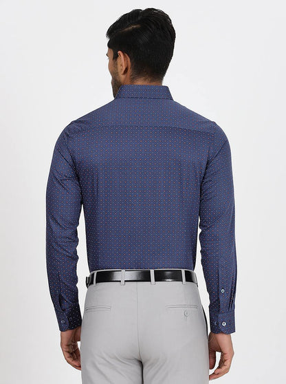 Navy Blue Printed Slim Fit Formal Shirt | Metal