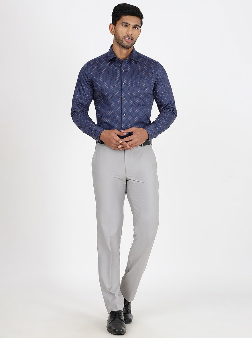 Navy Blue Printed Slim Fit Formal Shirt | Metal