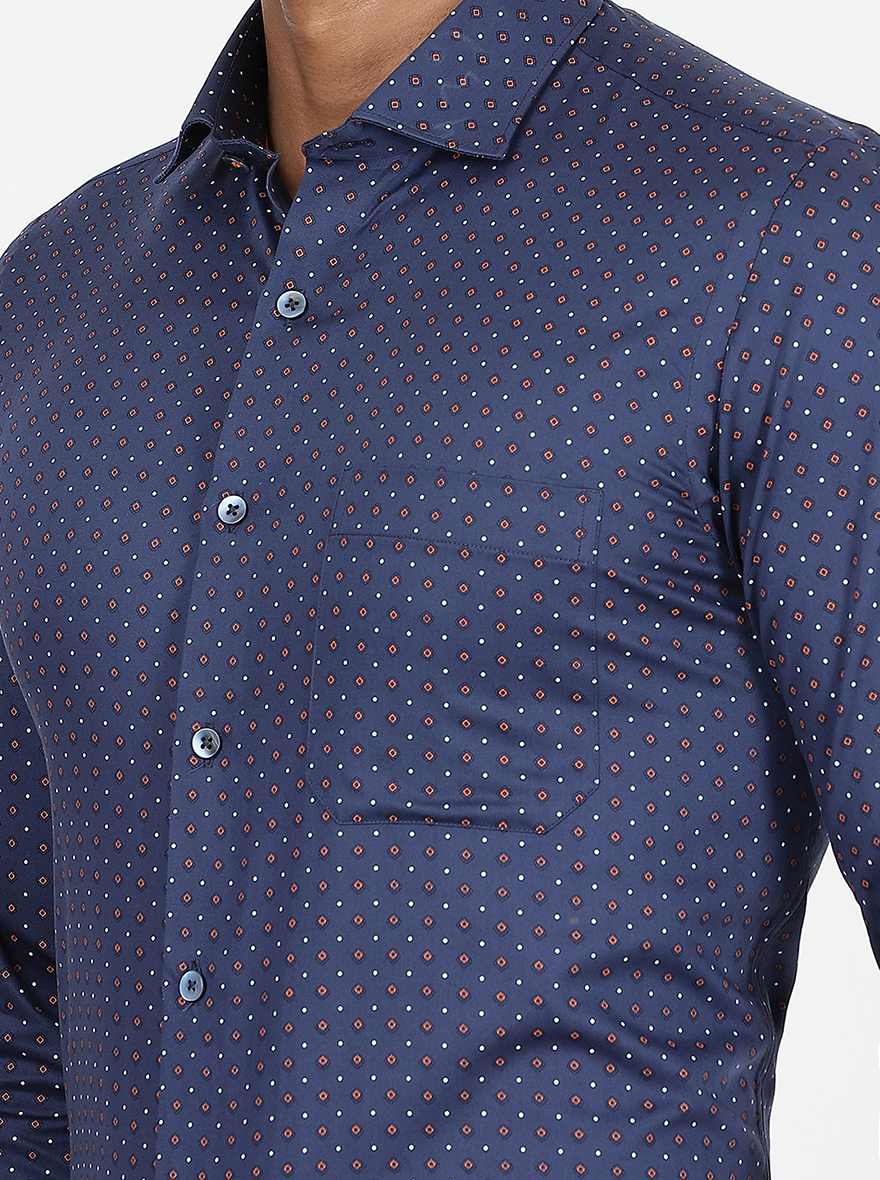 Navy Blue Printed Slim Fit Formal Shirt | Metal
