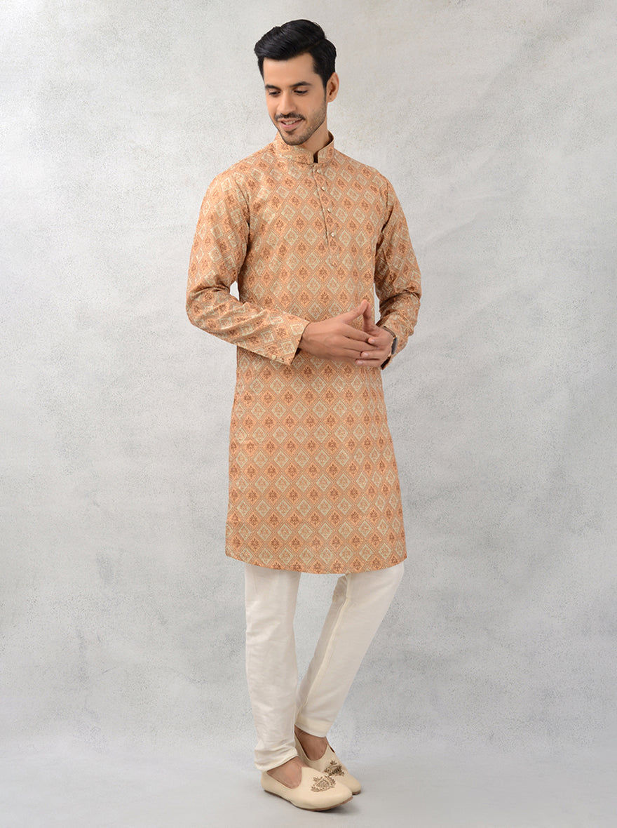 Azania Mustard Yellow Printed Silk Blend Kurta Pajama Classic