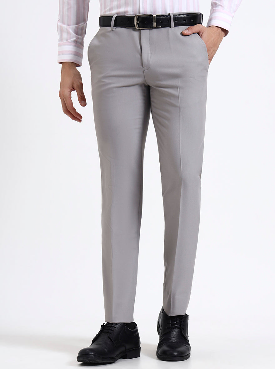Light Grey Solid Slim Fit Formal Trouser | Metal