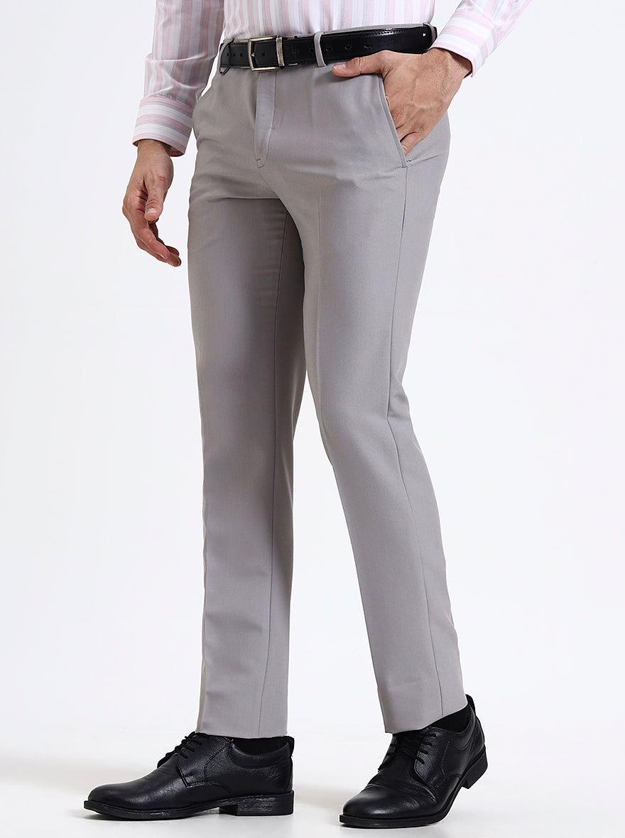 Light Grey Solid Slim Fit Formal Trouser | Metal