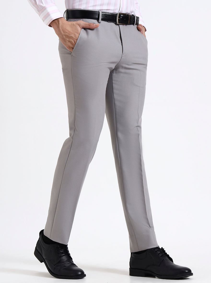 Light Grey Solid Slim Fit Formal Trouser | Metal