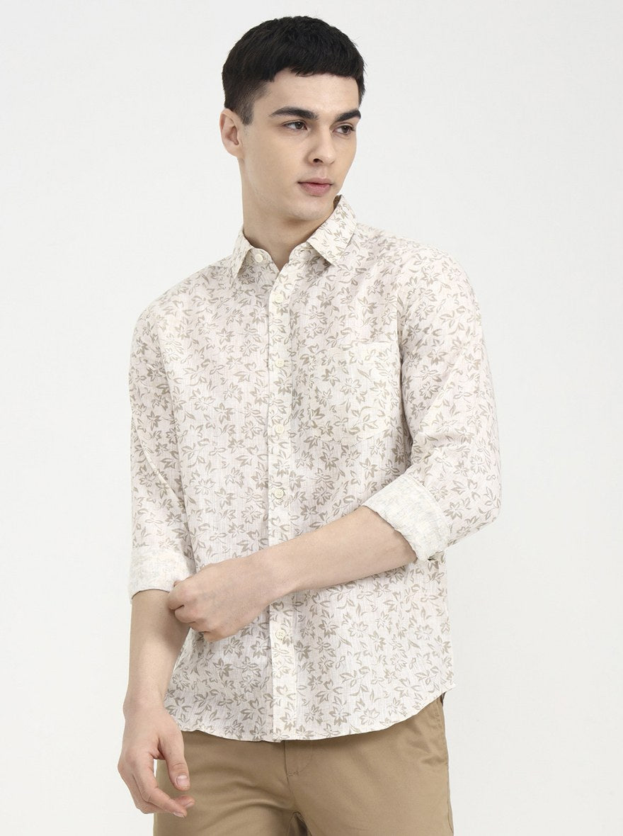 Beige Printed Slim Fit Casual Shirt | Greenfibre