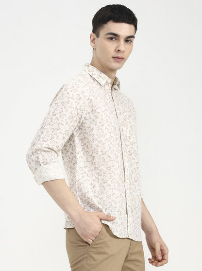Beige Printed Slim Fit Casual Shirt | Greenfibre