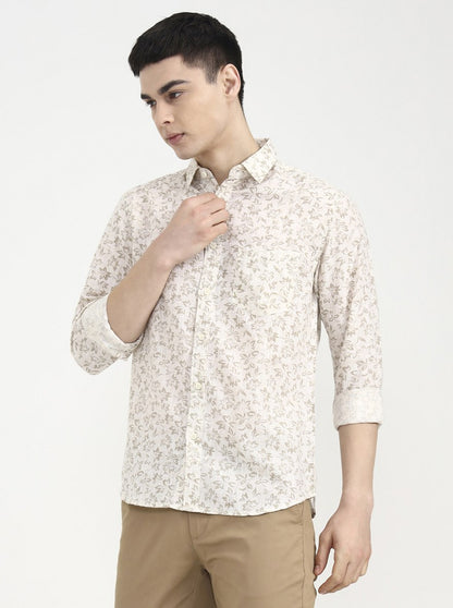 Beige Printed Slim Fit Casual Shirt | Greenfibre