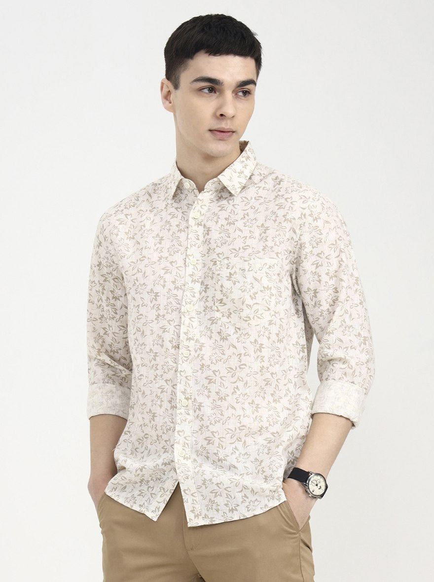 Beige Printed Slim Fit Casual Shirt | Greenfibre