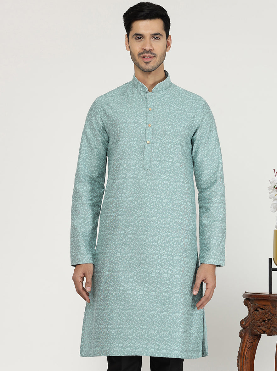 Light Turquoise Printed Silk Blend Kurta | The Kurta Company