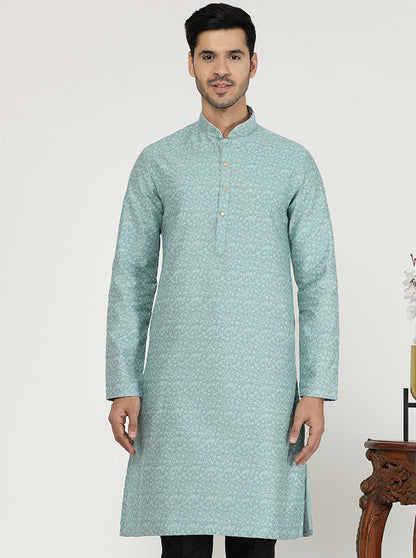 Light Turquoise Printed Silk Blend Kurta | The Kurta Company
