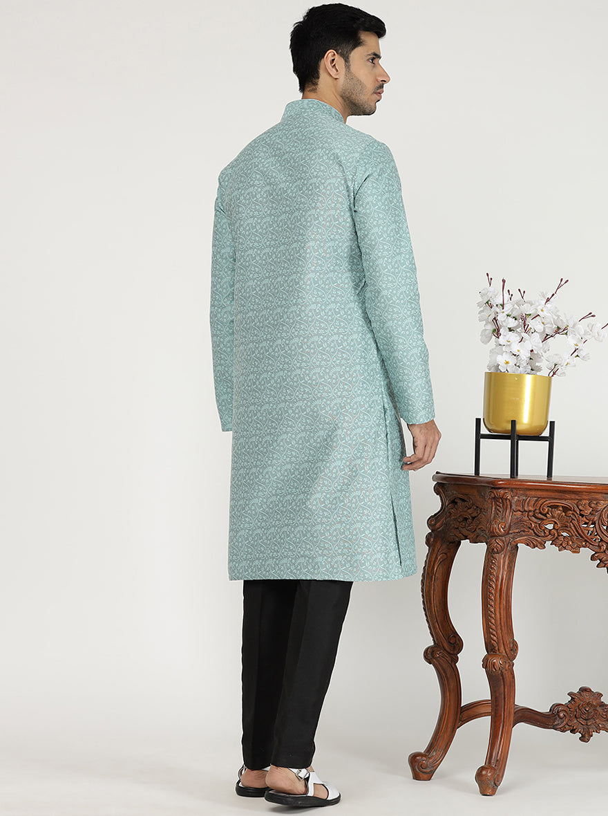 Light Turquoise Printed Silk Blend Kurta | The Kurta Company