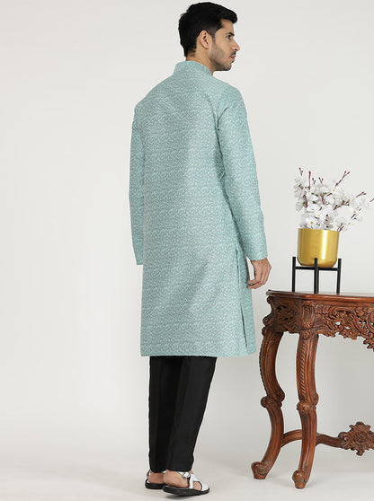 Light Turquoise Printed Silk Blend Kurta | The Kurta Company