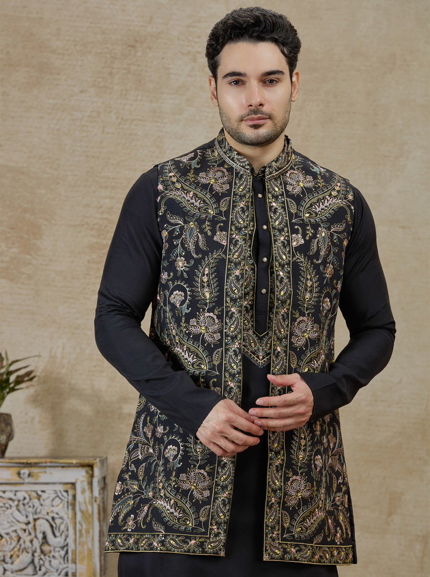 Black & Golden Embroidered Kurta Pajama with Koti | Virasana