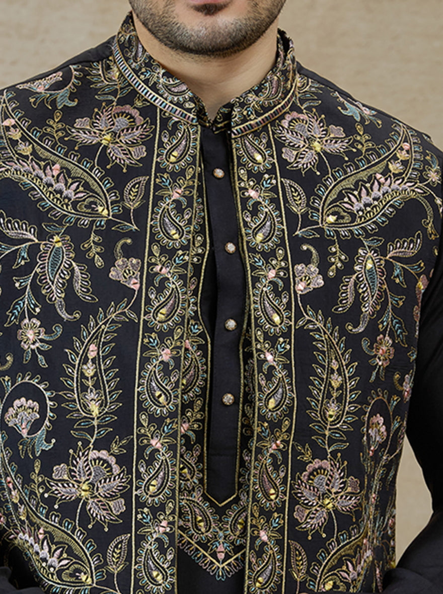 Black & Golden Embroidered Kurta Pajama with Koti | Virasana