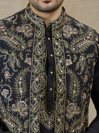 Black & Golden Embroidered Kurta Pajama with Koti | Virasana