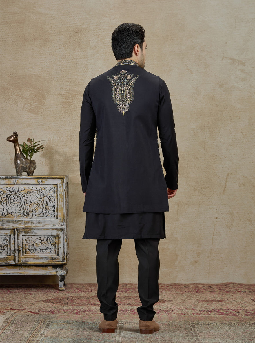 Black & Golden Embroidered Kurta Pajama with Koti | Virasana