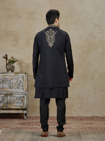 Black & Golden Embroidered Kurta Pajama with Koti | Virasana