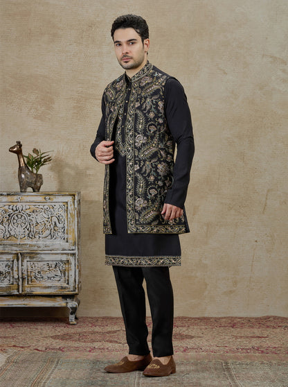 Black & Golden Embroidered Kurta Pajama with Koti | Virasana