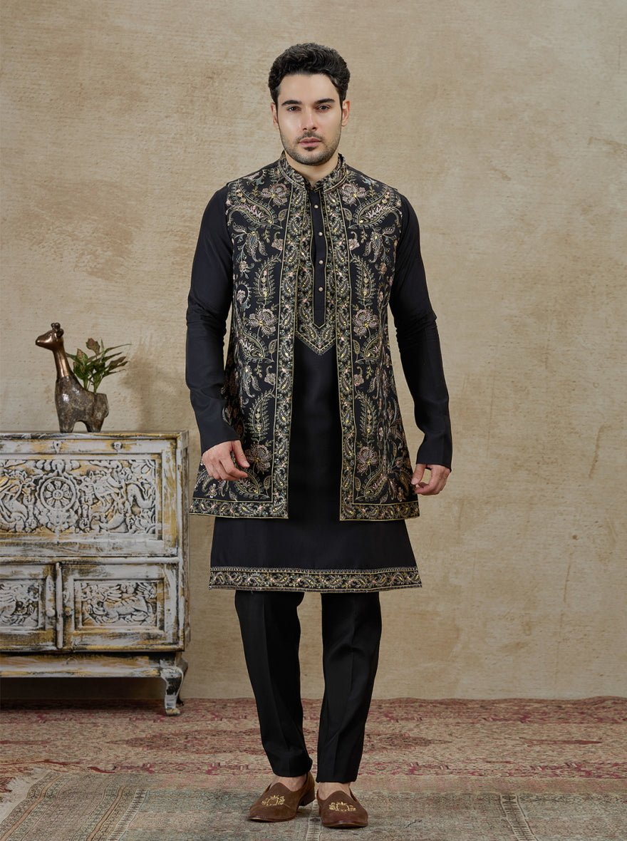 Black & Golden Embroidered Kurta Pajama with Koti | Virasana
