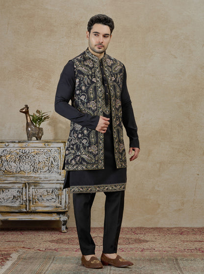 Black & Golden Embroidered Kurta Pajama with Koti | Virasana
