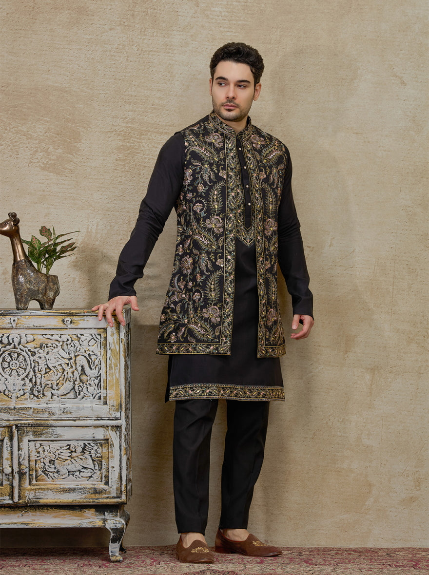 Black & Golden Embroidered Kurta Pajama with Koti | Virasana