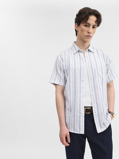 Blue & White Striped Slim Fit Casual Shirt | Greenfibre